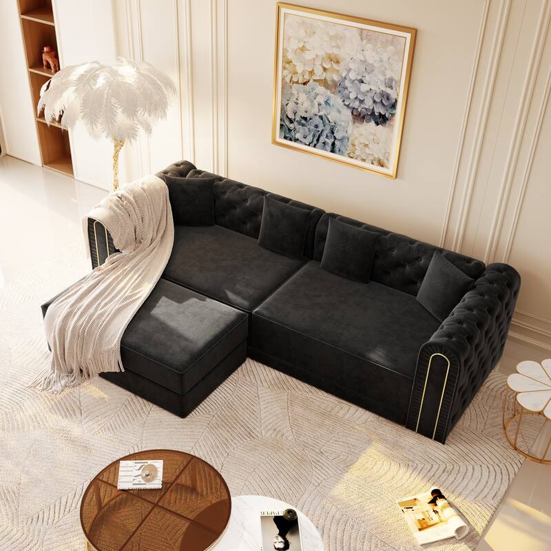 90.6" Velvet Pull Out Sofa Bed, 3-in-1 Convertible Sleeper Sofa with Movable Ottoman, Modern Button Tufted Chesterfield Sofa