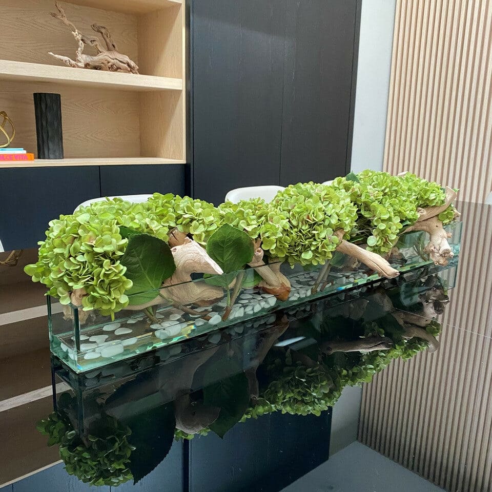 Casa Moderna Glass Plate Planter with Hydrangeas and Driftwood