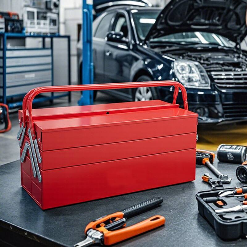 18 Inch Red Metal 3-Tier 4 Trays Folding Cantilever Toolbox with Double Handles and Smooth Flip-Top Design