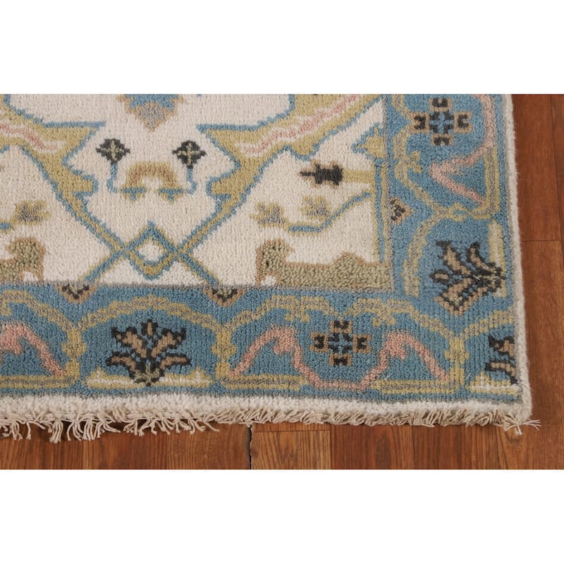 Ivory & Light Blue Oushak Oriental Runner Rug Hand-Knotted Wool Carpet - 2'7"x 7'9"
