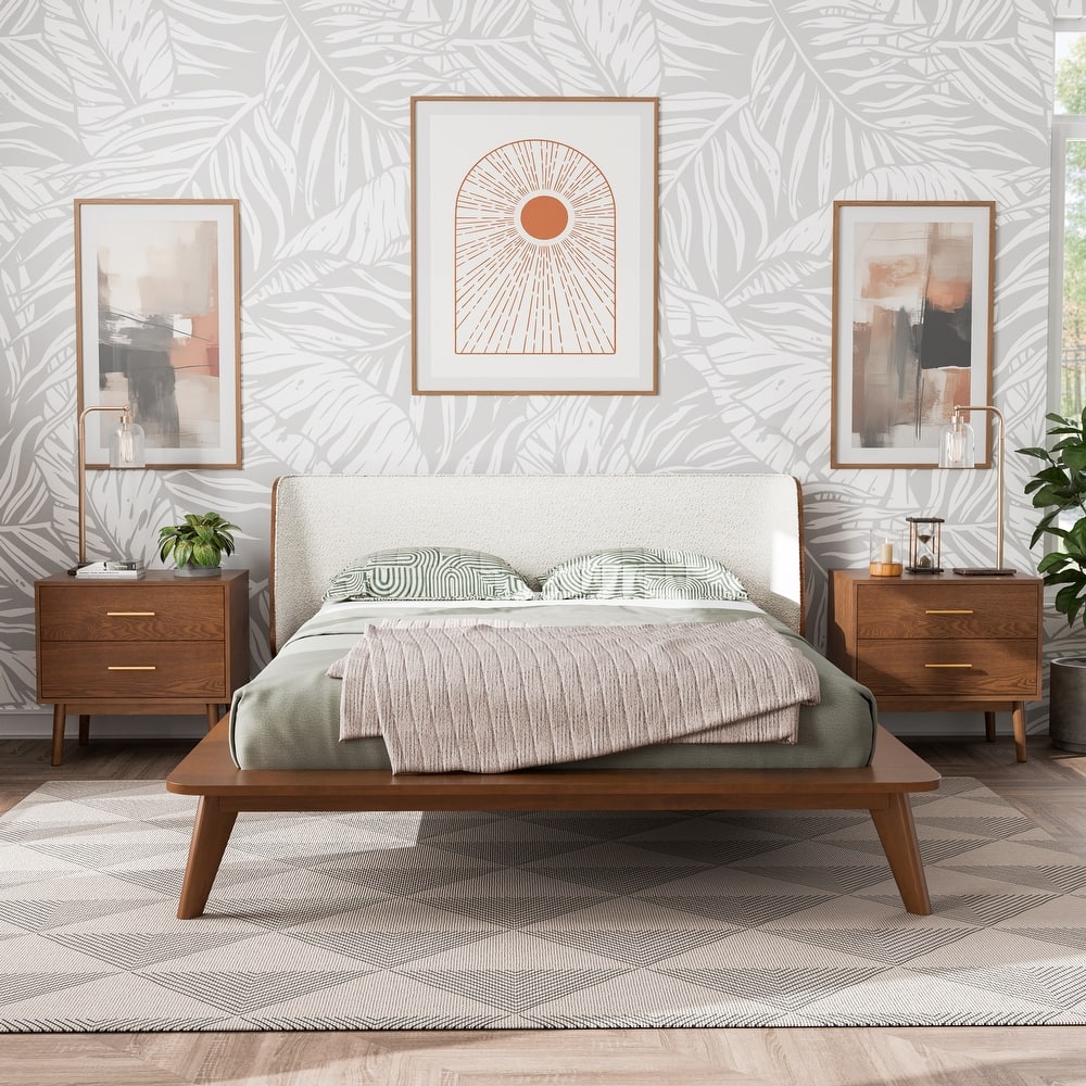 Furniture of America Beau Midcentury 3-Piece Boucle Wingback Low Profile Bedroom Set