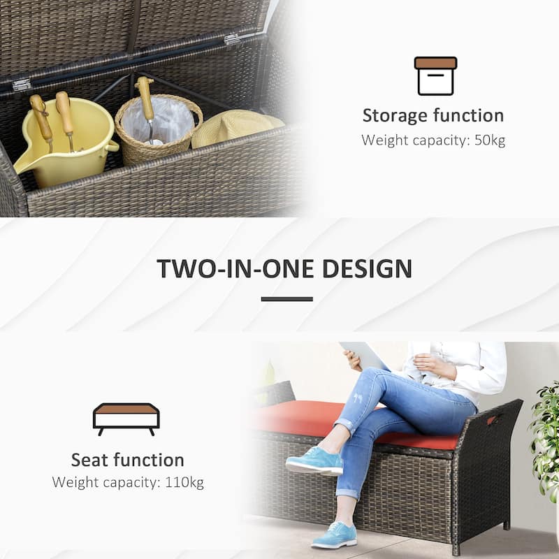 Outsunny 27 Gallon Patio Wicker Storage Bench, Outdoor PE Rattan Patio Furniture, Two-In-One Large Capacity Footstool