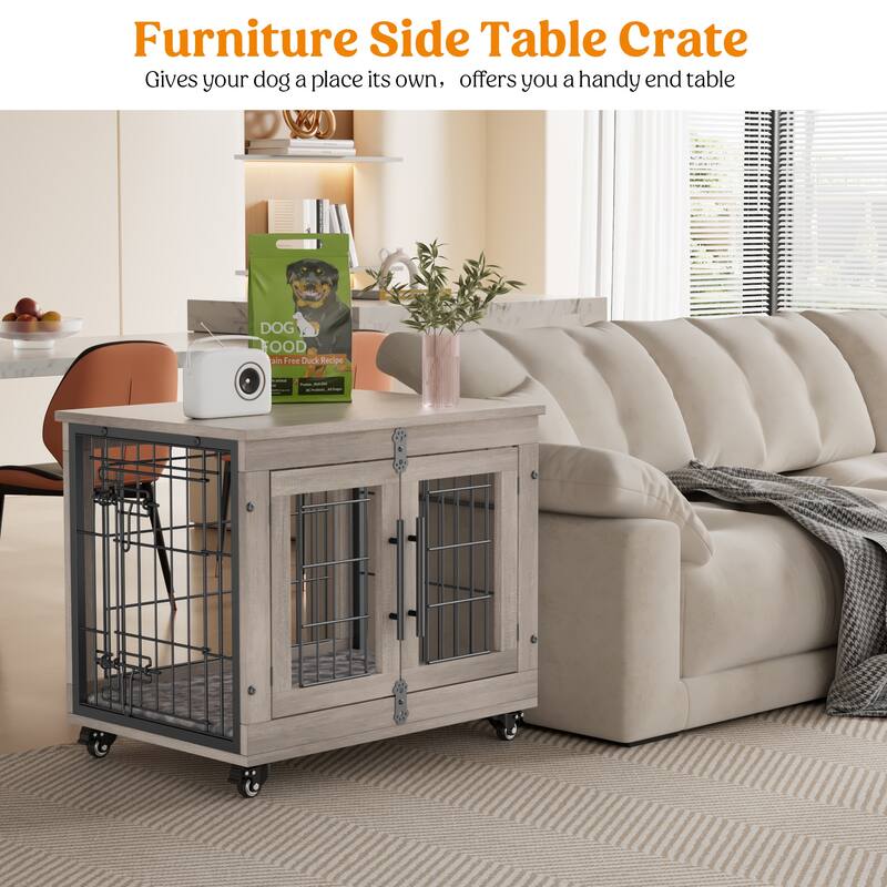 Dog Crate Indoor Heavy Duty Double Doors Wooden Dog Cage with Cushion