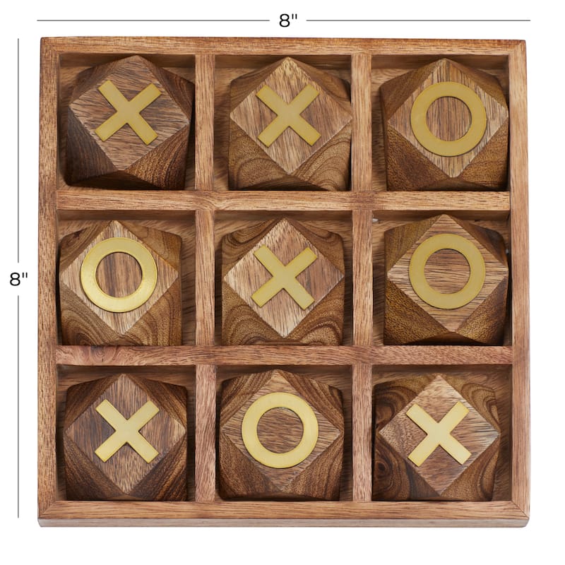 Wood Tic Tac Toe Geometric Game Set with Gold Inlay - Brown - Roche River Decor - 8"W x 8"L x 1"H