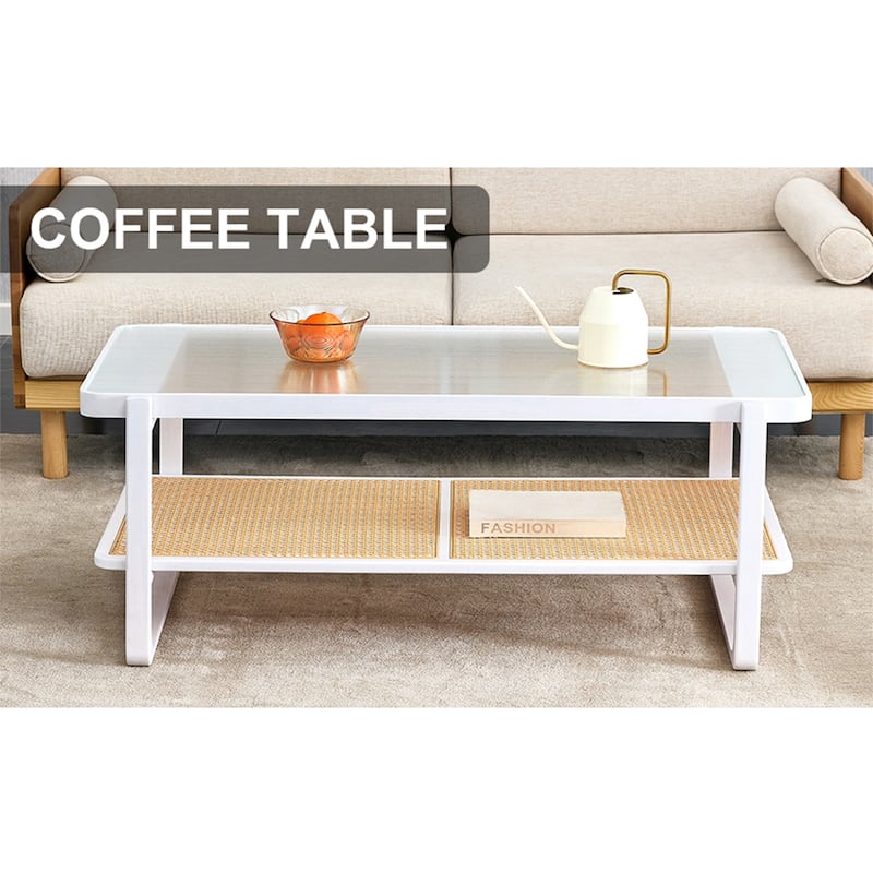 Minimalist White Double Layered Solid Wood Coffee Table Glass Tabletop