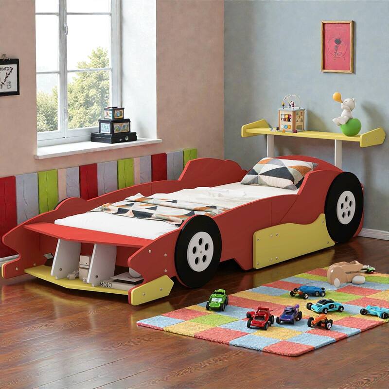 Race Car Platform Bed with Wheels, Kids Car-Shaped Bed Frame with Safety Rails - Red - Twin
