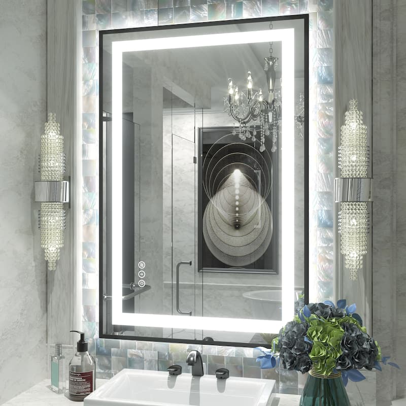 Black Metal Framed LED Front Light and Backlit Anti-Fog Wall Bathroom/ Vanity Mirror - 36" x 24"-Square Corner - Black