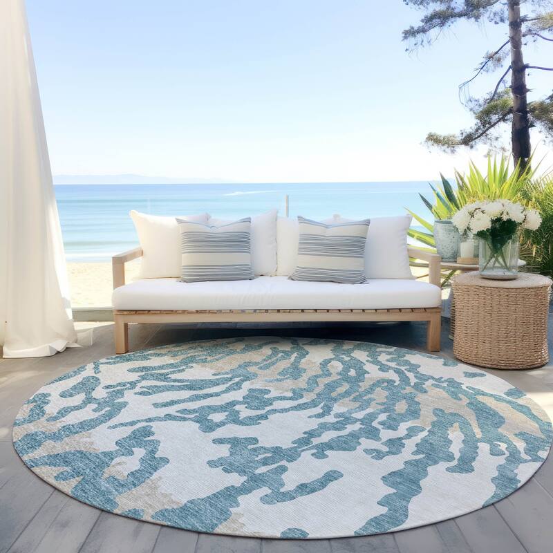 Machine Washable Indoor/ Outdoor Chantille Animal Print Abstract Rug - Teal - 8' x 8'