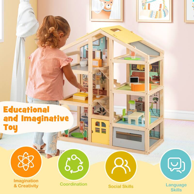 18 Furniture Pieces Children’s Wooden Dollhouse Playset with Kitchen Bedroom and Living Room - 24" x 12" x 29.5"