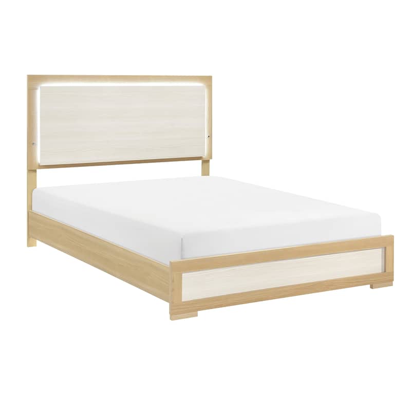 Queen Size LED Panel Headboard Bed in Natural and White Finish - Natural