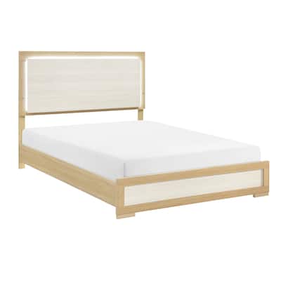 Queen Size Wood Panel Bed with LED Headboard and Contemporary Two-Tone Design