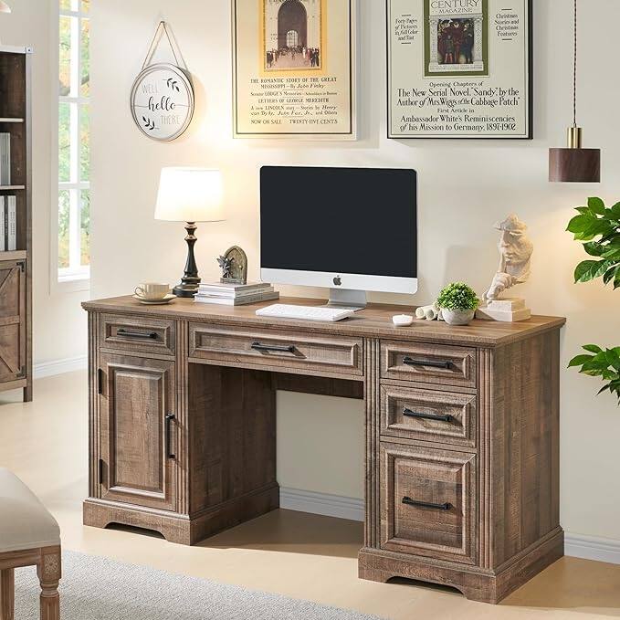 58" Large Computer Desk with Drawers, Embossed Texture Office Desk