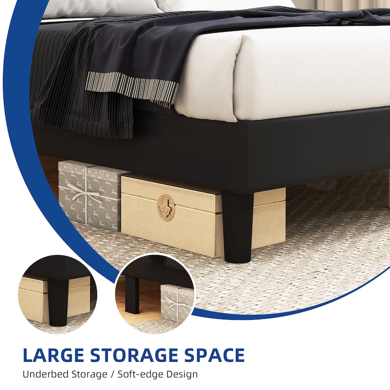 Moasis Full Black PVC Bed Frame LED Bed Frame with Storage Upholstered Velvet Headboard