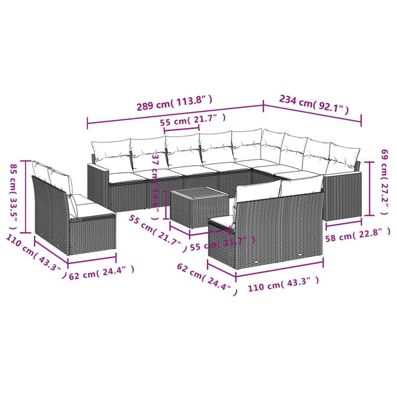 vidaXL Patio Sofa Set with Cushions Outdoor Conversation Furniture Poly Rattan - 24.4 x 24.4 x 27.2 in