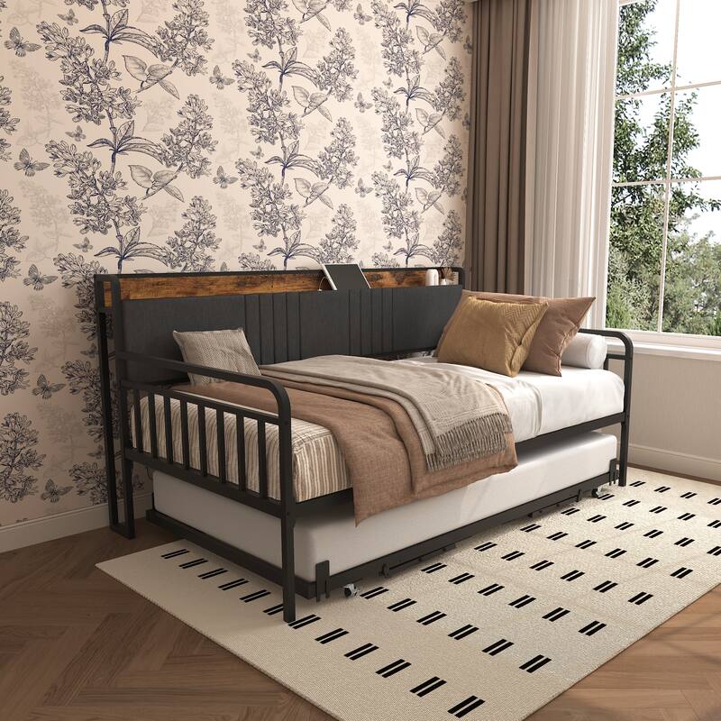 Twin Daybed with Trundle, Upholstered Headboard, Charging Station, RGB Lighting, and Lockable Casters