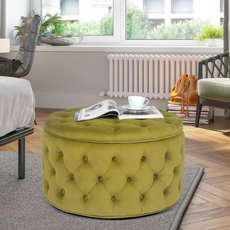 Adeco Round Storage Ottoman Button Tufted Footrest Stool Bench