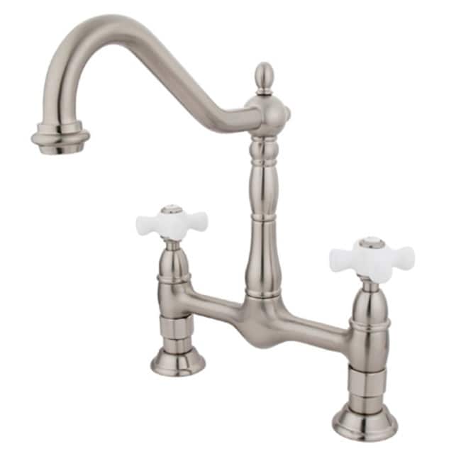 Kingston Brass Heritage Bridge Kitchen Faucet with Porcelain Cross