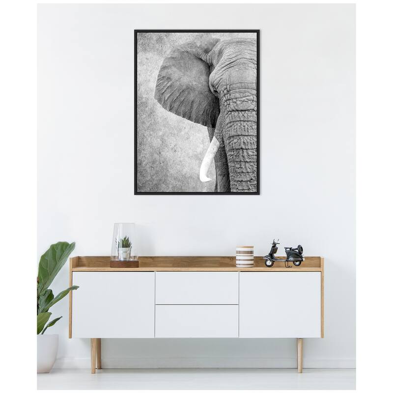 Kate and Laurel Sylvie Black and White Minimalist Safari Elephant Framed Canvas by Simon Te of Tai Prints