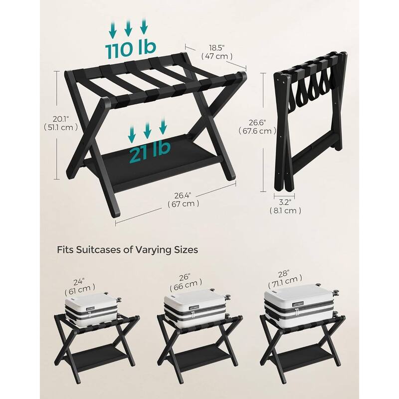 Wood Luggage Rack with Shelf Foldable Suitcase Stand with Nylon Straps for Guest Room or Hotel