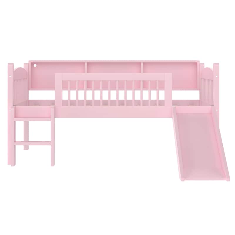 Twin Loft Bed with Storage Shelves, Solid Wood Lower Loft Bed with LED Lights and Full-length Guardrails