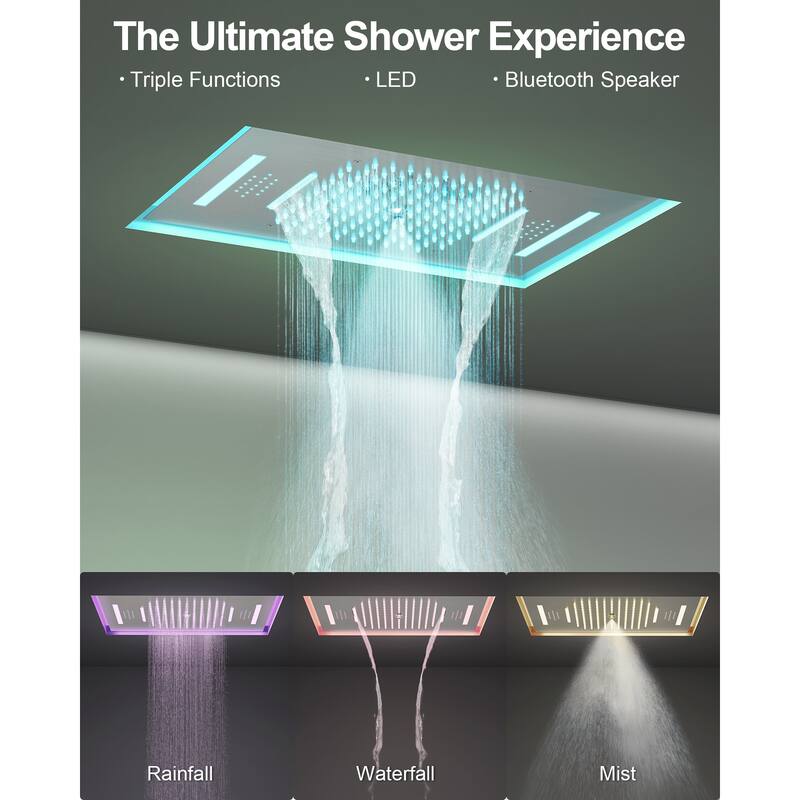 GRANDJOY Dual Shower Heads System with 3 Spray Modes 22"*15" Ceiling and 6" Wall Mount Body Jets Handheld Spray LED Music