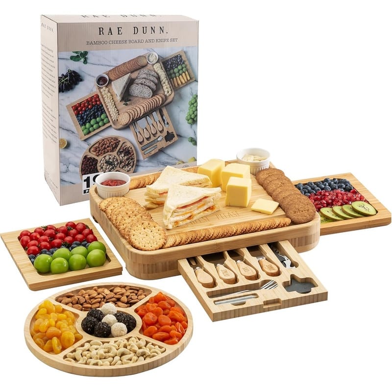 Rae Dunn Charcuterie Board & Accessories, Bamboo Cheese Board Set with Serving Forks and Platters, Cheese Knives Included