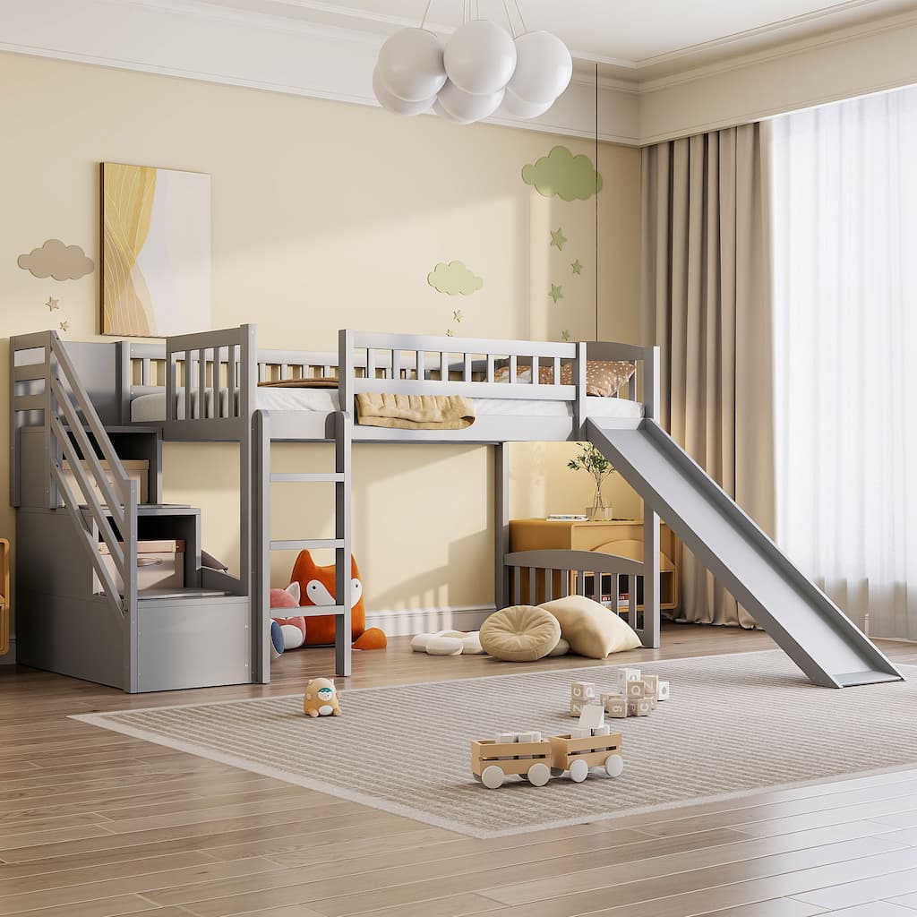 All-in-one Loft Bed Built-in Ladder Wood Frame Loft Bed with Slide, 2 Drawers, Storage Stairs & Underbed Activity Space for Kids
