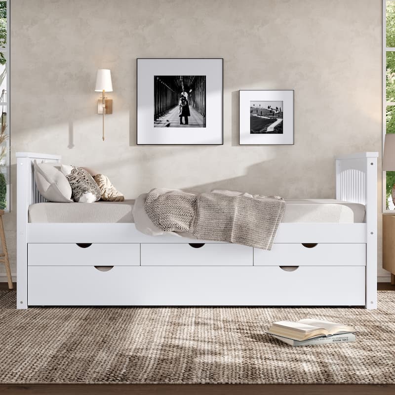 Twin Platform Bed with Drawers and Trundle, Solid Wood Daybed, No Spring Box Needed