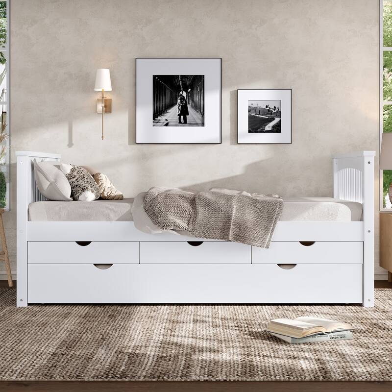 Twin Size Wooden Daybed with Trundle Bed and 3 Drawers, Solid Wood Platform Sofa Bed Frame, No Box Spring Needed - Off White - Twin