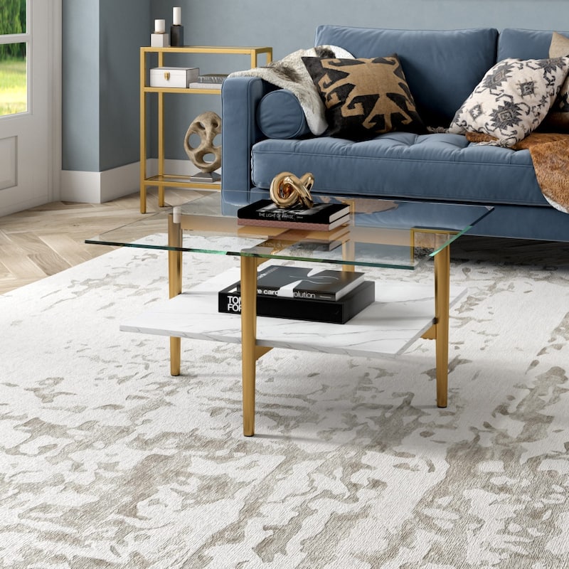 32" Square Modern Coffee Table with Glass Top and Metal Legs Lower Shelf Storage for Living Room - 32"L x 32"W x 17"H