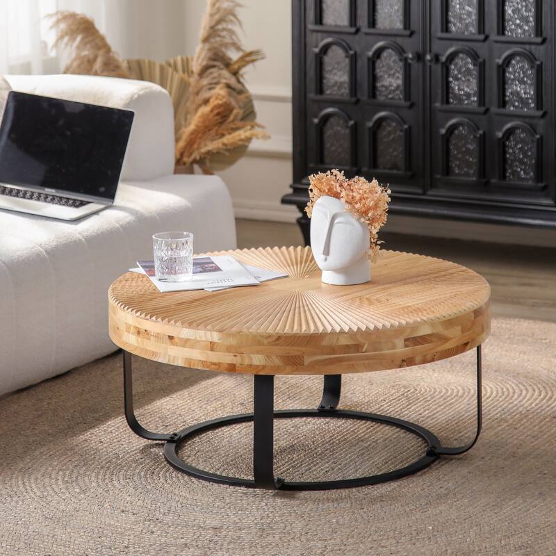 24" Round Coffee Table with Metal Legs, Modern Carving Pattern Wood Table, Center Table for Living Room, Reception Room