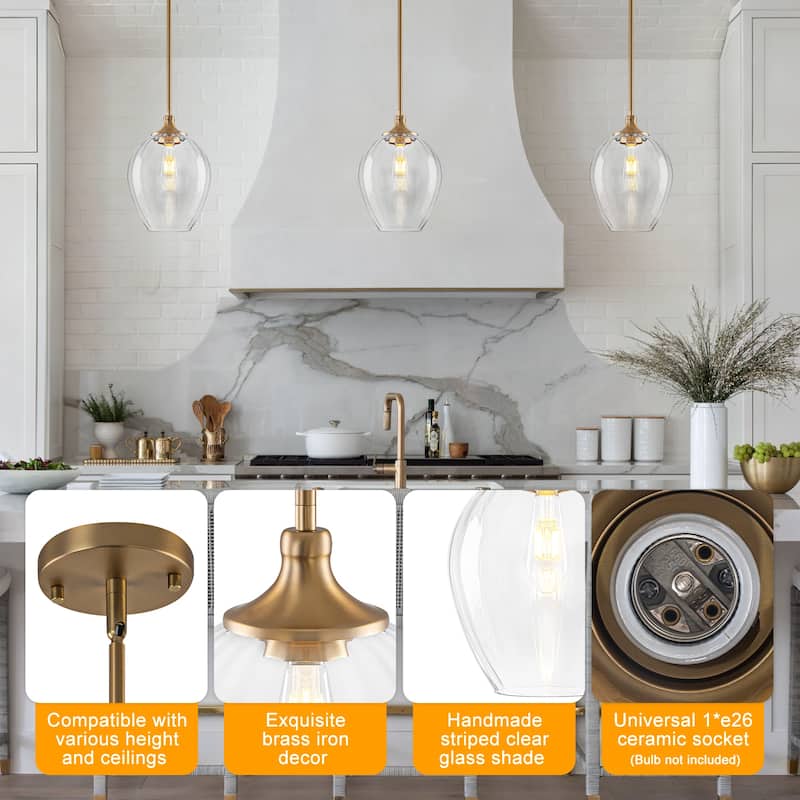 Modern Matte Brass Pendant Light Teardrop Ribbed Clear Glass Shade - Dia.9.06-in