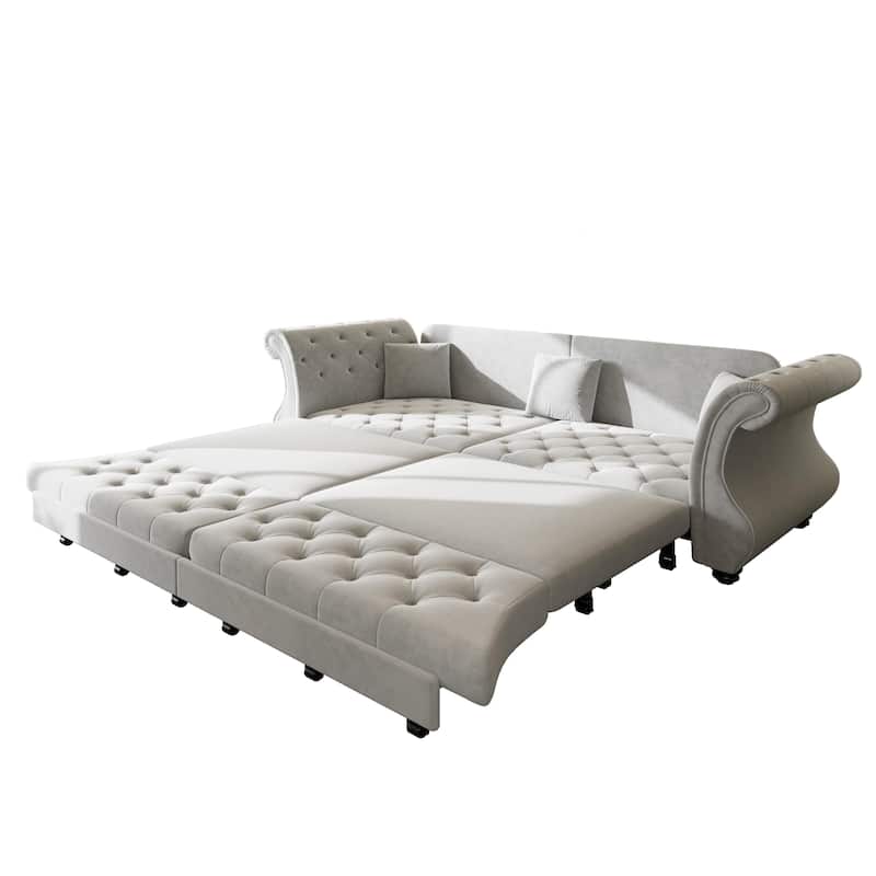 97.6" Oversized Chesterfield Pull-Out Sofa Bed, Velvet Upholstered Sleeper Couch with Roll Arms & Tufting