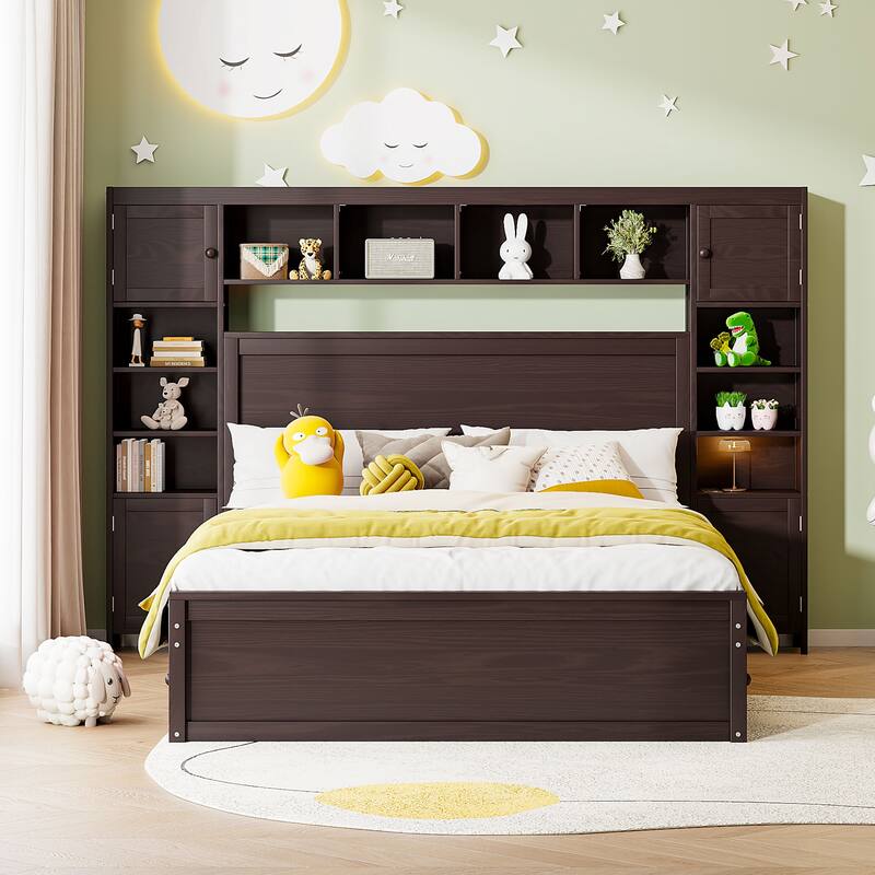 Wood Platform Bed with All-in-One Cabinet and Shelf, Slat Support Bed Frame, Storage Headboard with 10 Shelf Cubes & 4 Cabinets