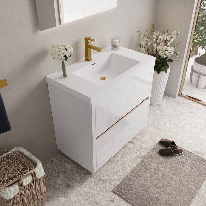Freestanding Bathroom Vanity with White Stone Resin Top