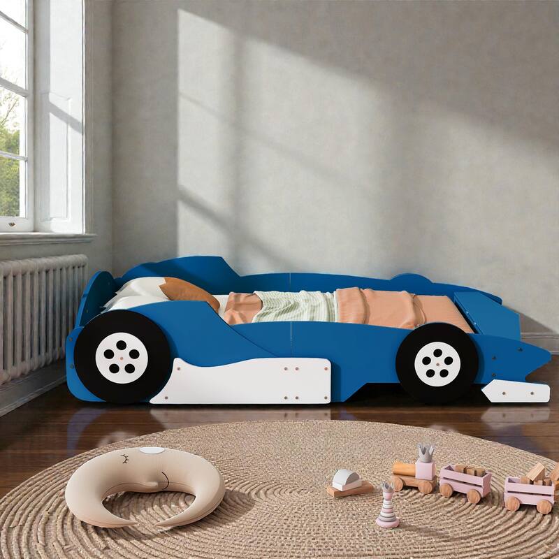 Race Car Platform Bed with Wheels, Kids Car-Shaped Bed Frame with Safety Rails