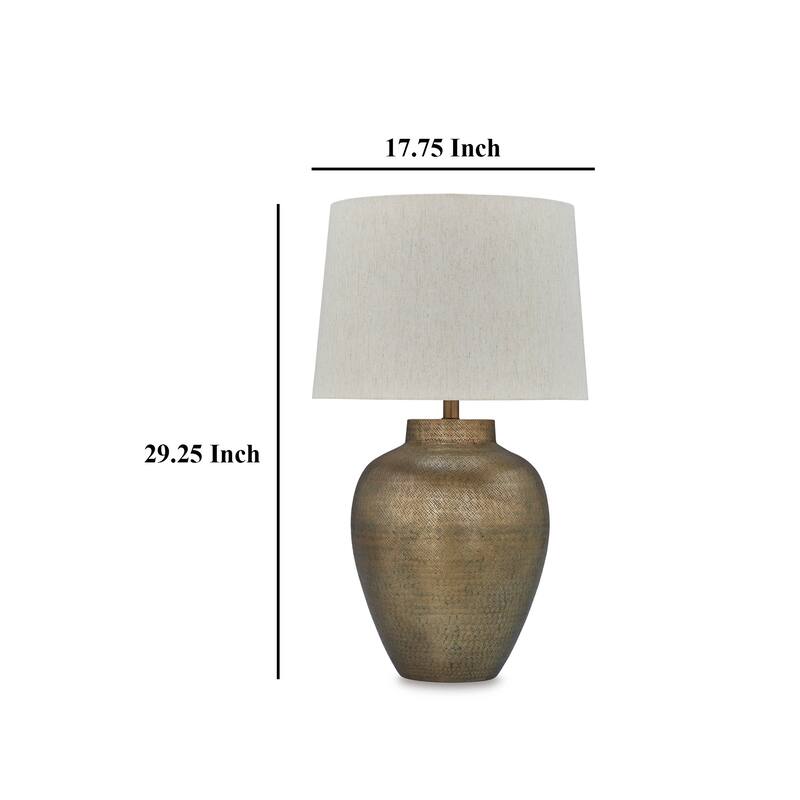 Table Lamp, Metal Hammered Pot Base, White Fabric Drum Shade 29 Inch