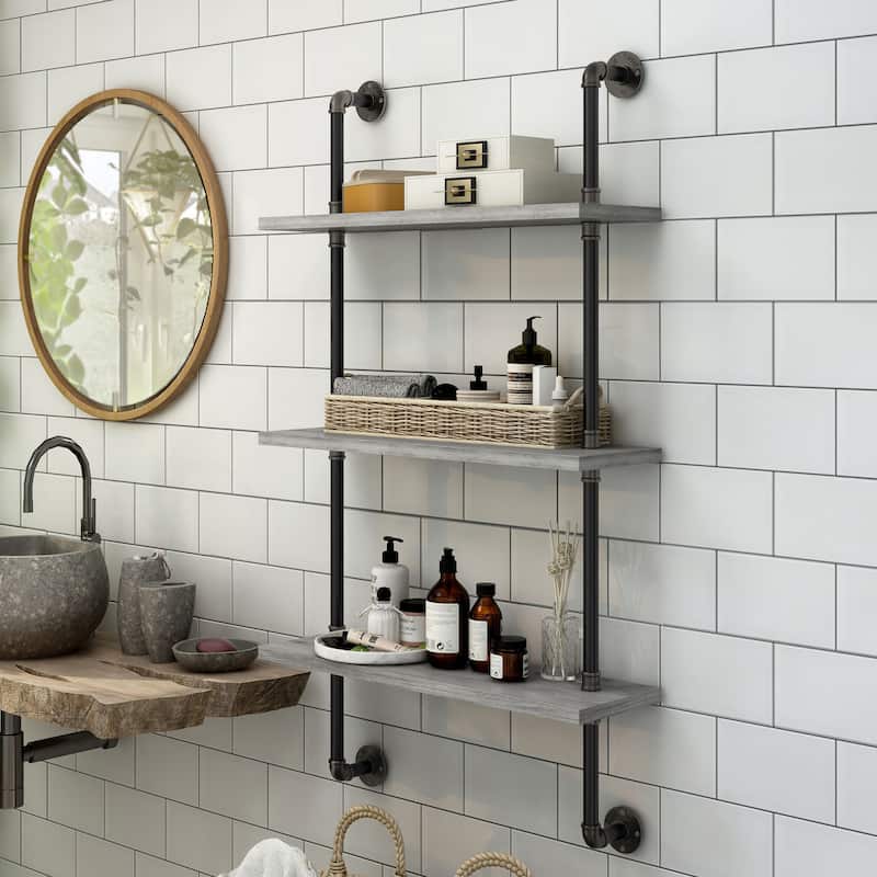 DH BASIC Industrial Vintage Grey 32-Inch Metal 2-Tier Wall Shelf by Denhour
