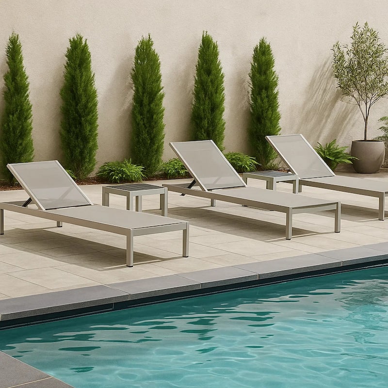 Metal Frame Adjustable Lounger with Side Table, Set of 4, Gray