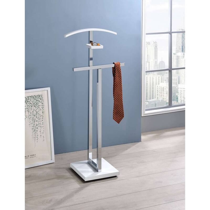 Chrome Metal Valet Stand with Wood Shelf