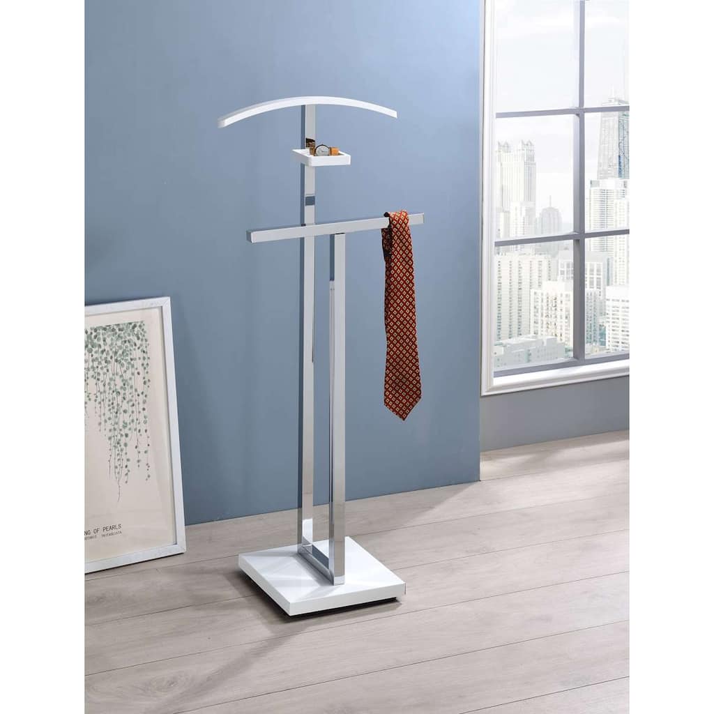 Chrome Metal Valet Stand with Wood Shelf