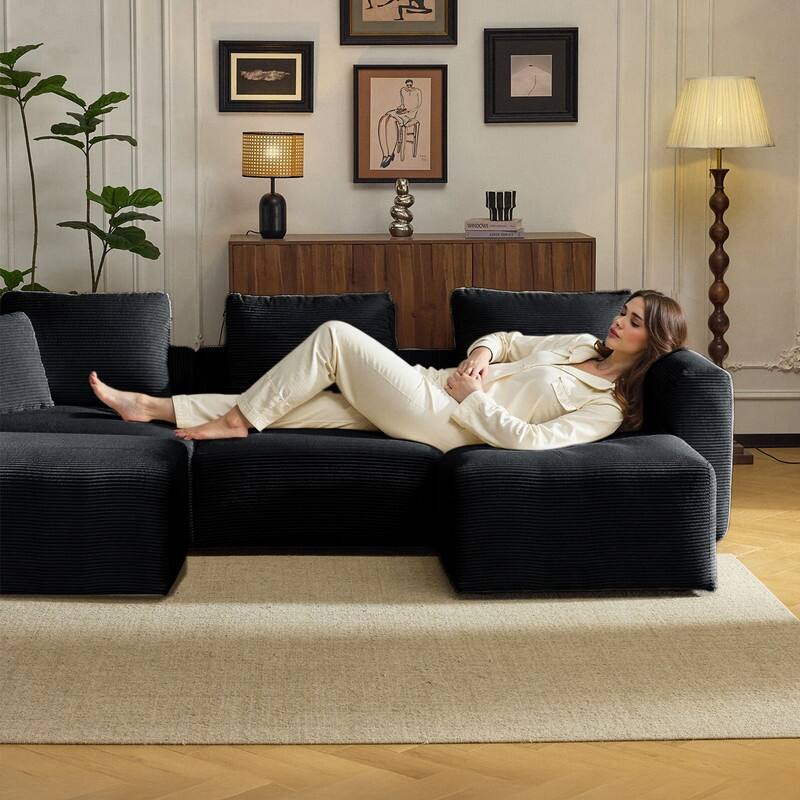 112.2‘’ W Corduroy Modern Compressed Block Sectional Couch with Plush Cushions