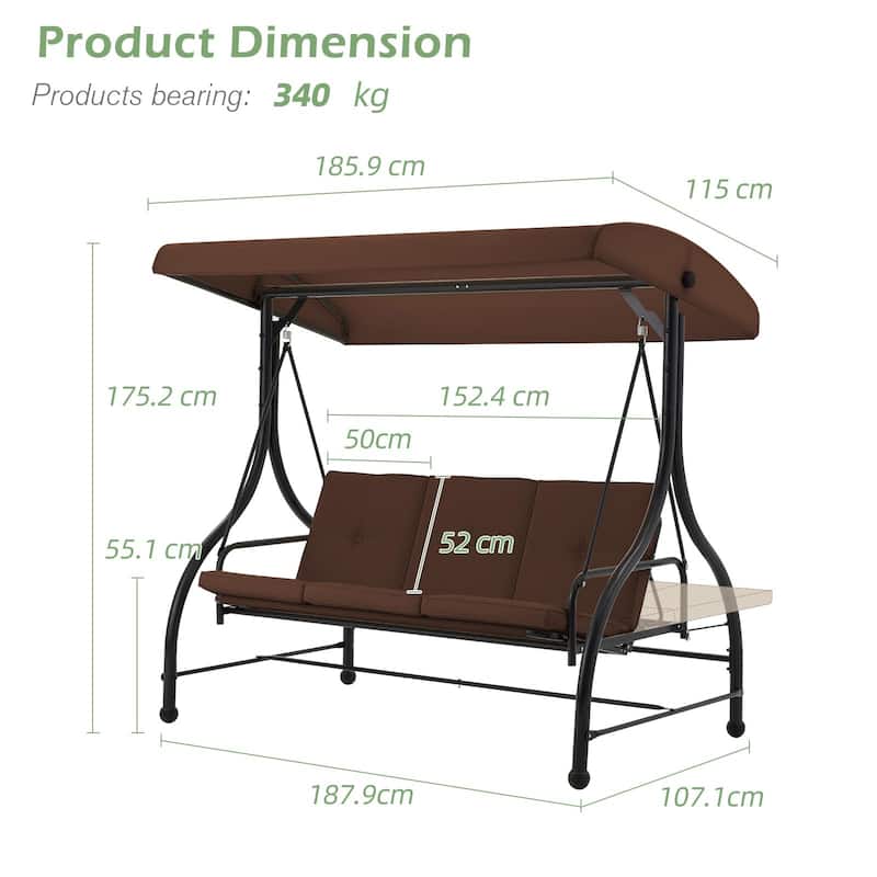 3-Seat Metal Patio Swing, Outdoor Porch Swing Glider with Cushions