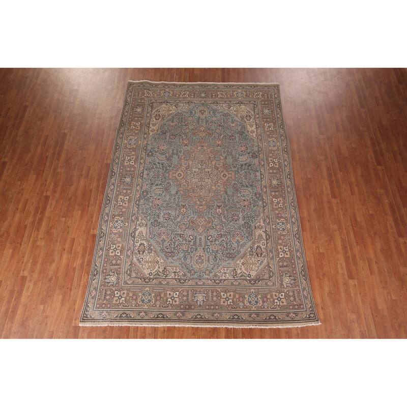 Light Blue Geometric Tabriz Persian Vintage Rug Handmade Wool Carpet - 7'8"x 11'5"