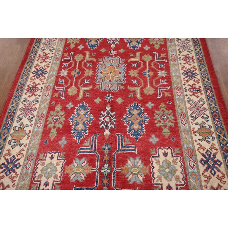 Geometric Kazak Accent Rug Handmade Wool Carpet - 4'0" x 6'2"