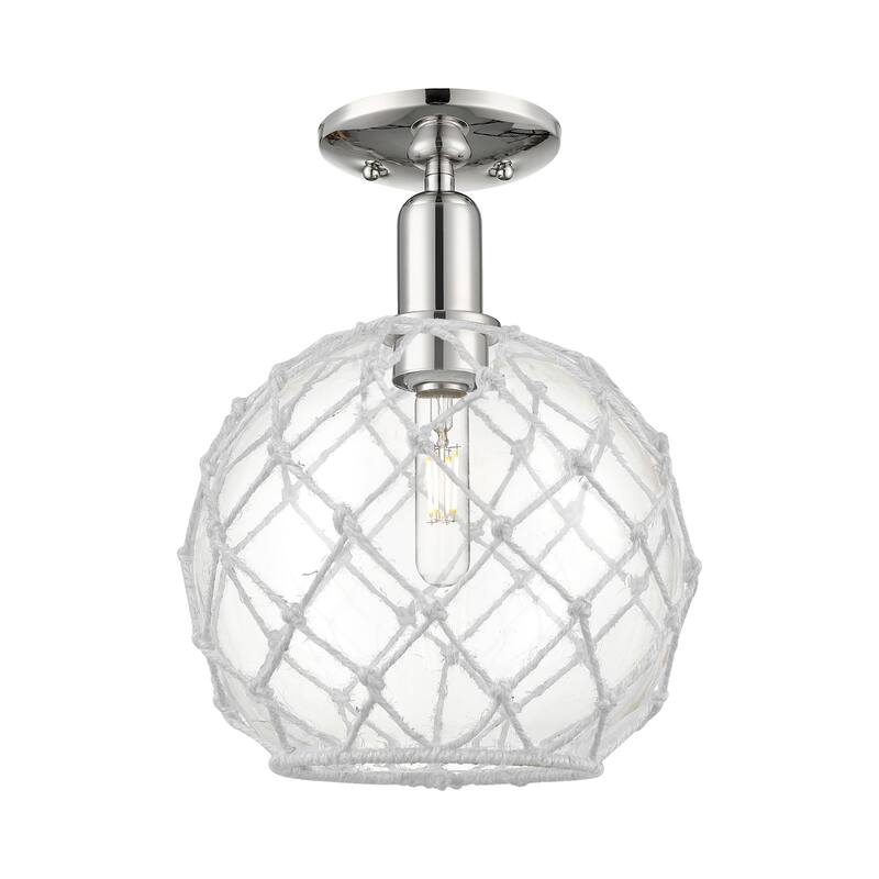 Innovations Lighting 716-1C-14-10 Farmhouse Rope Semi-Flush Farmhouse - Polished Nickel / Clear Glass with White Rope
