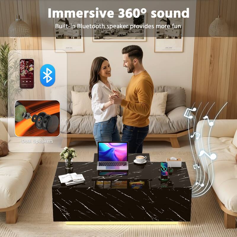 Meyreso Lift-Top Smart Marble Coffee Table with LED Light and Hidden Storage