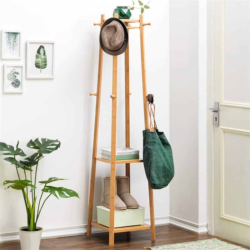 Solid Wood 8 Hook Freestanding Coat Rack Storage - 67"h x 16"l x 16"l - Yellow