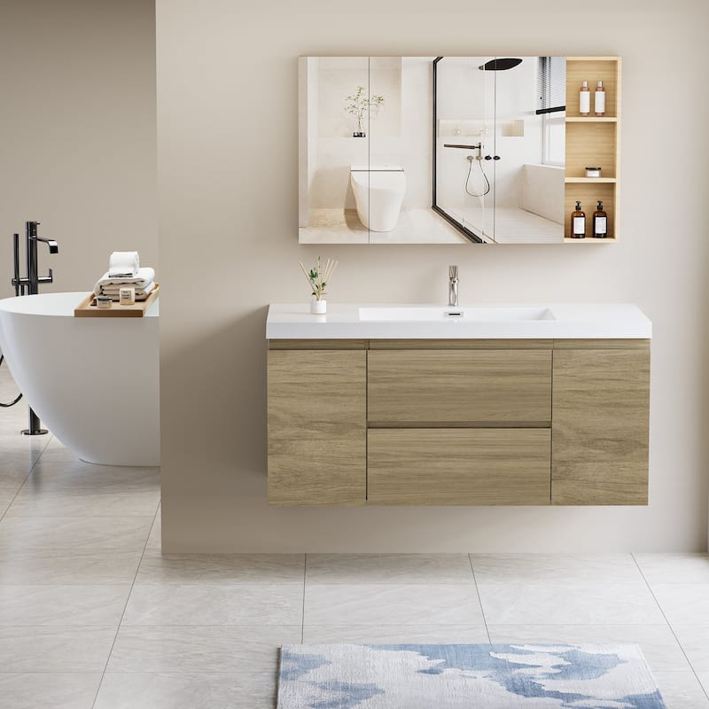 MDF Floating Bathroom Vanity with Integrated Resin Sink - 48" x 20" - Natural Oak