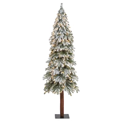 6' Flocked Christmas Tree with 300 Clear Lights on Natural Trunk - Green